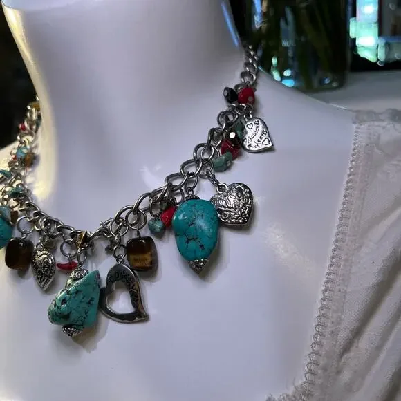 Vintage 90s Y2K Boho Maximalist Heart Charm Necklace with Turquoise - Picture 2 of 4